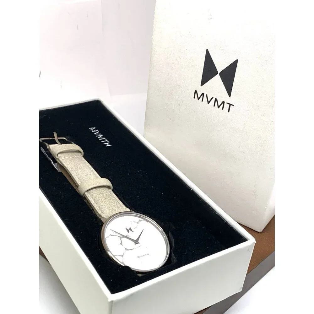 MVMT Women's Watch QMB01-Tima Quartz White Gray Marble Dial Leather Band 38mm